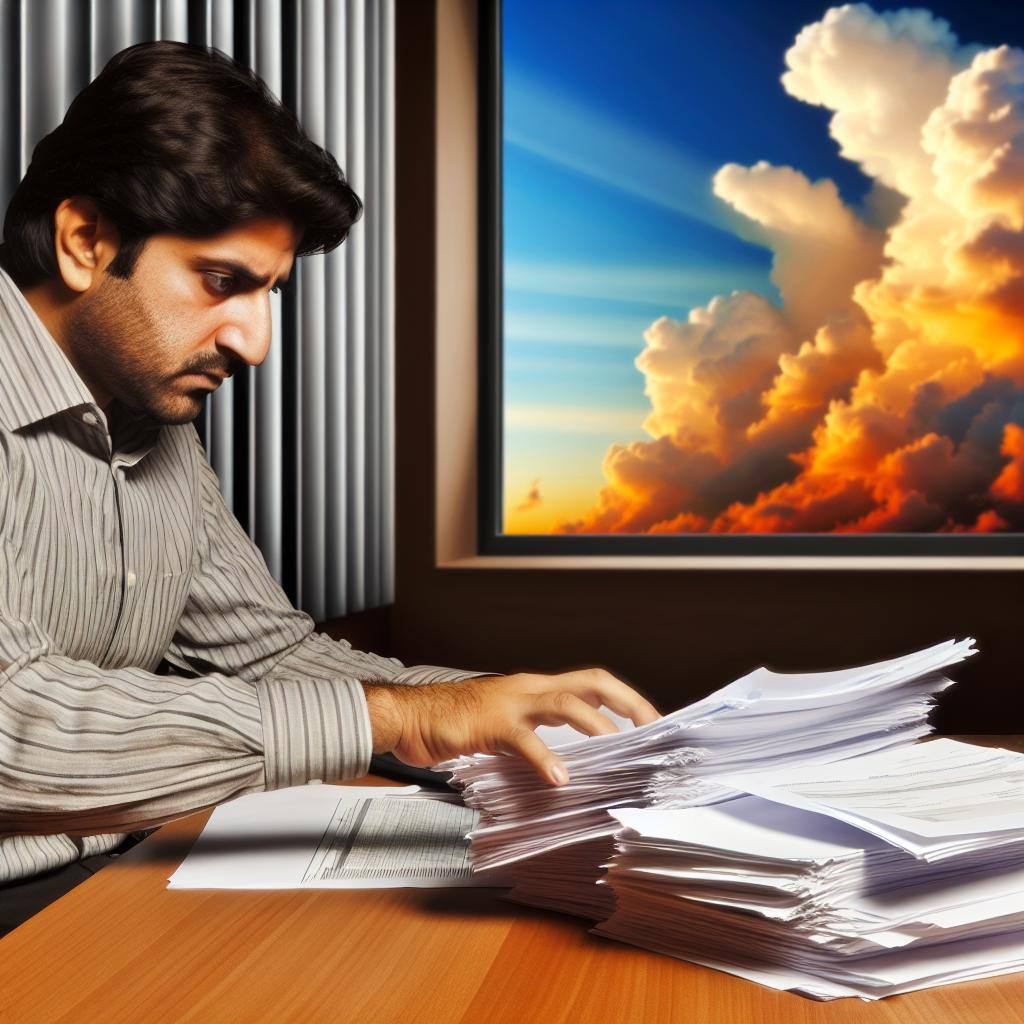 A person sitting at a desk surrounded by stacks of paperwork, looking determined and focused. Outside the window, a bright sunrise is breaking through the clouds.